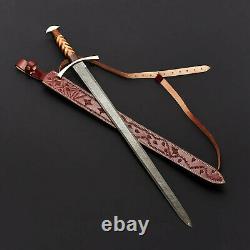 Handmade Damascus Viking Sword Wood Handle Brass Sandwich Guard Sheath