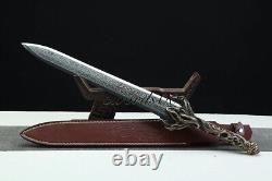 Handmade Exquisite Brass Handle Short Sword Damascus Steel Blade Leather Sheath