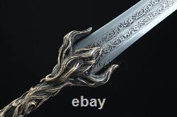 Handmade Exquisite Brass Handle Short Sword Damascus Steel Blade Leather Sheath