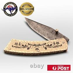 Handmade Folding Knife, Damascus Blade, Engraved Brass Handle, Leather Sheath X9