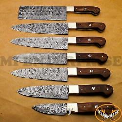 Handmade Forged Damascus Steel Chef Set Knives Walnut Wood Brass Handle AN-254