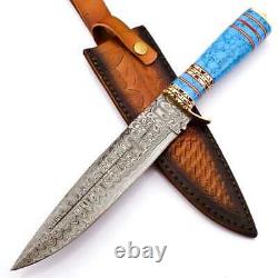 Handmade Forged Damascus Steel Hunting Camp Knife Turquoise Stone Brass Leather