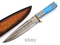 Handmade Forged Damascus Steel Hunting Camp Knife Turquoise Stone Brass Leather