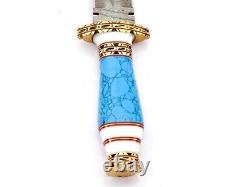 Handmade Forged Damascus Steel Hunting Dagger Knife Turquoise Stone Brass Handle