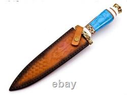 Handmade Forged Damascus Steel Hunting Dagger Knife Turquoise Stone Brass Handle