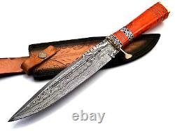 Handmade Forged Damascus Steel Hunting Knife jasper Stone, Brass Handle Gift USA