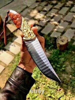 Handmade Trailing Point Knife Hunting Tactical Damascus Steel Brass Wood Handle