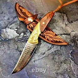 Handmade Trailing Point Knife Hunting Tactical Damascus Steel Brass Wood Handle