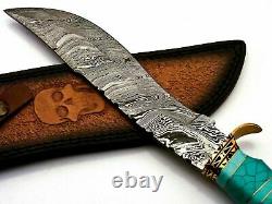 Handmade forged Damascus Steel Hunting Knife Turquoise Stone Brass Leather Gift