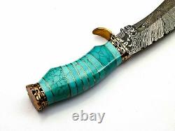 Handmade forged Damascus Steel Hunting Knife Turquoise Stone Brass Leather Gift