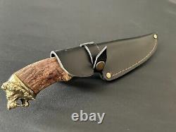 Handmade knife brass decorated handle Lion head leather scabbard Ukraine
