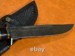 Handsome! Damascus Knife- Hunting Knife Fixed Blade Leather & Brass Handle Full