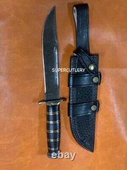 Handsome! Damascus Knife- Hunting Knife Fixed Blade Leather & Brass Handle Full