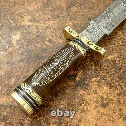 Impact Cutlery Rare Custom Damascus Dagger Knife Brass Inlayed Burl Wood Handle