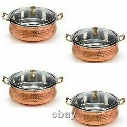 Indian Hammered Copper Steel Handi With Brass Handle Serving Bowl With Glass Lid