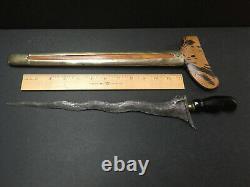 Indonesian Keris Dagger, Carved Handle, Brass Cover, Layered Steel, 19th Century