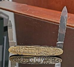 Inox Solingen Germany Pocket Knife 2 Blade Stainless Railroad Scene Brass