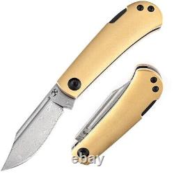 Kansept Knives Wedge Lock Folding Knife 2.25 Damascus Steel Blade Brass Handle