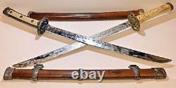 Katana (2) Samurai Swords 18 Blades Faux Carved Dragon Handles & Wood Scabbards
