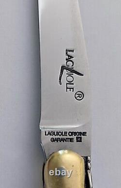 LAGUIOLE KNIFE with 10-cm BLADE, OLIVE WOOD HANDLE, CORKSCREW, and BRASS TRIM