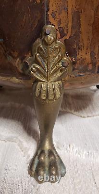 Large Vintage Copper Kettle Brass Clawfeet Legs & Steel Handle 13 x 12 Plant