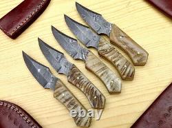 Lot of 5 Custom Made Damascus Steel 7 Skinner Hunting knives Ram Horn Handles
