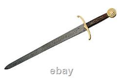 Medieval Sword 31 Overall Damascus Steel Blade Full Tang Brass Wood Handle