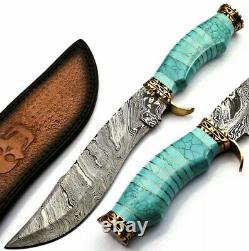 New Custom Handmade Damascus Steel Hunting Knife Turquoise Stone & Brass Handle