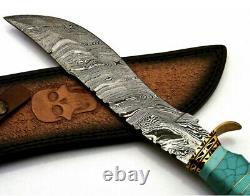 New Custom Handmade Damascus Steel Hunting Knife Turquoise Stone & Brass Handle