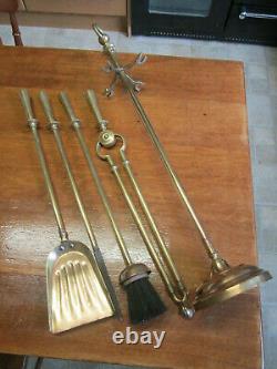 Old Antique Victorian Tall Brass Fireside Companion Set Sword Grip Handles c1895