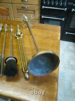 Old Antique Victorian Tall Brass Fireside Companion Set Sword Grip Handles c1895