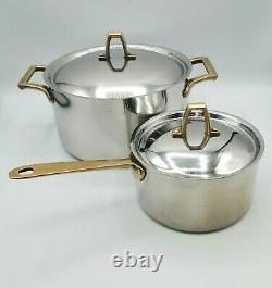 Paul Revere 1801 Stainless Steel Brass Handles 2 Pots Vintage Classic LOT of 2
