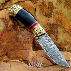 Premium Drop Point Knife Hunting Combat Tactical Damascus Steel Brass Handle Cut