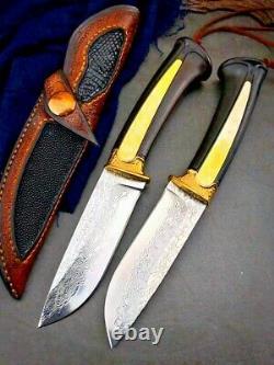 Premium Drop Point Knife Hunting Wild Tactical VG10 Damascus Steel Brass Handle