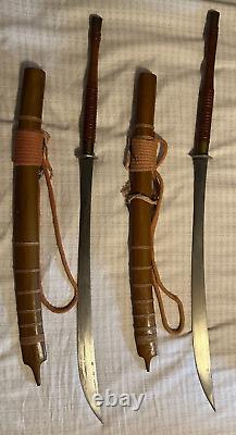 Rare Pair of Indonesian Ceremony Klewang Fighting Swords Wood Scabbards Brass