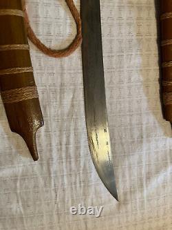 Rare Pair of Indonesian Ceremony Klewang Fighting Swords Wood Scabbards Brass