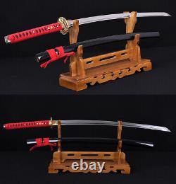 Real Hand-Forged Katana Sword 1060 Folded Steel, Black Saya, Red Handle & Sageo