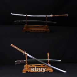 Real Hand-Forged Katana Sword 1095 Steel, Brass Tsuba, Green Saya, Brown Handle