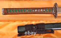 Real Hand-Forged Katana Sword 1095 Steel, Brass Tsuba, Green Saya, Brown Handle