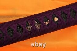 Real Katana Sword 1060 Folded Steel, Purple Handle, Leopard Gold on Black Saya