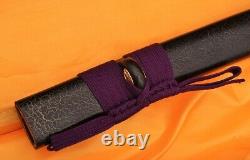 Real Katana Sword 1060 Folded Steel, Purple Handle, Leopard Gold on Black Saya