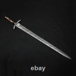 Real Norman Combat Sword Damascus Steel With Bone And Brass Pakkawood Handle