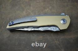 Reate JACK Knife Damasteel Blade Titanium Gray Handle with Brass Inlay, NEW