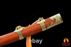 Red Damascus Oxtail Chinese Sword Brass Fittings Red Wood Handle Sheath
