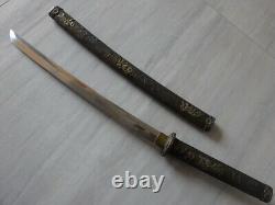 S076 Vintage Tanto Japan Warrior Dagger Sword Wakizashi Brass Handle Scabbard