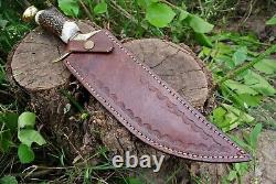 STEEL HUNTING SURVIVAL CAMP JUNGLE BOWIE KNIFE Brass Guard Stag Handle Sheath