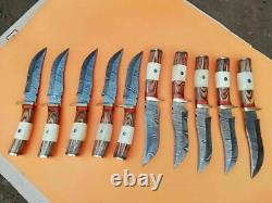 (Set of 15) 10 Damascus Steel Knife, Sheep Horn with Brass Handle Guard
