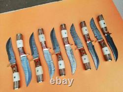 (Set of 15) 10 Damascus Steel Knife, Sheep Horn with Brass Handle Guard