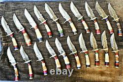Set of 20, 6 Damascus Knives with Stag Horn Handle Free Leather Sheaths