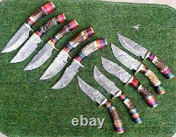 Set of 20 8 Damascus Steel Knife Set, Stag Horn Handle, Free Leather Sheath